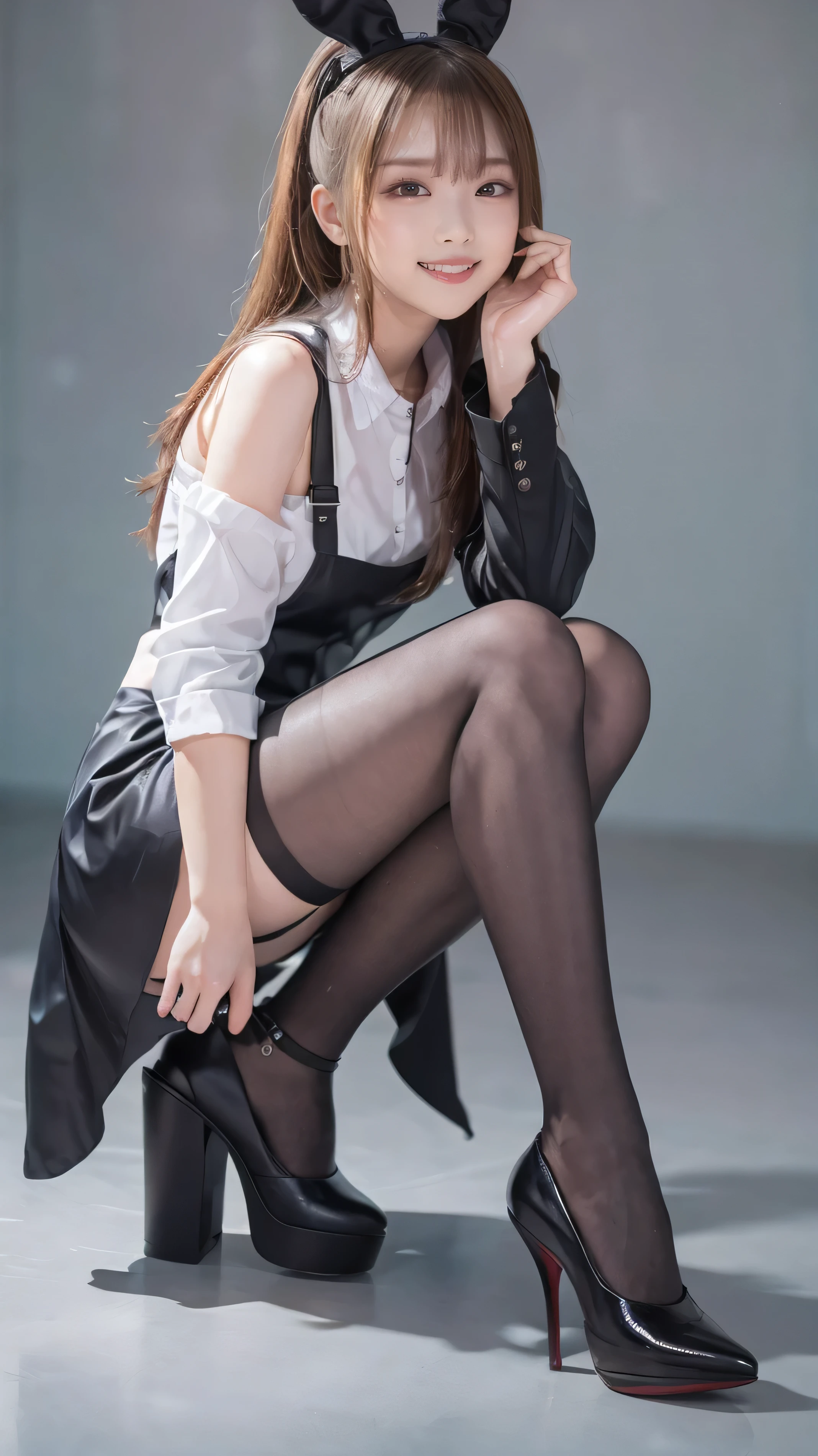 Bunny girl in a light blue maid outfit:1.5，Wearing black tights:1.5，The best smile:1.5，Full Body Shot:1.5，Gray background:1.5，Wearing black high heels:1.5，Sit with your legs apart:1.5，