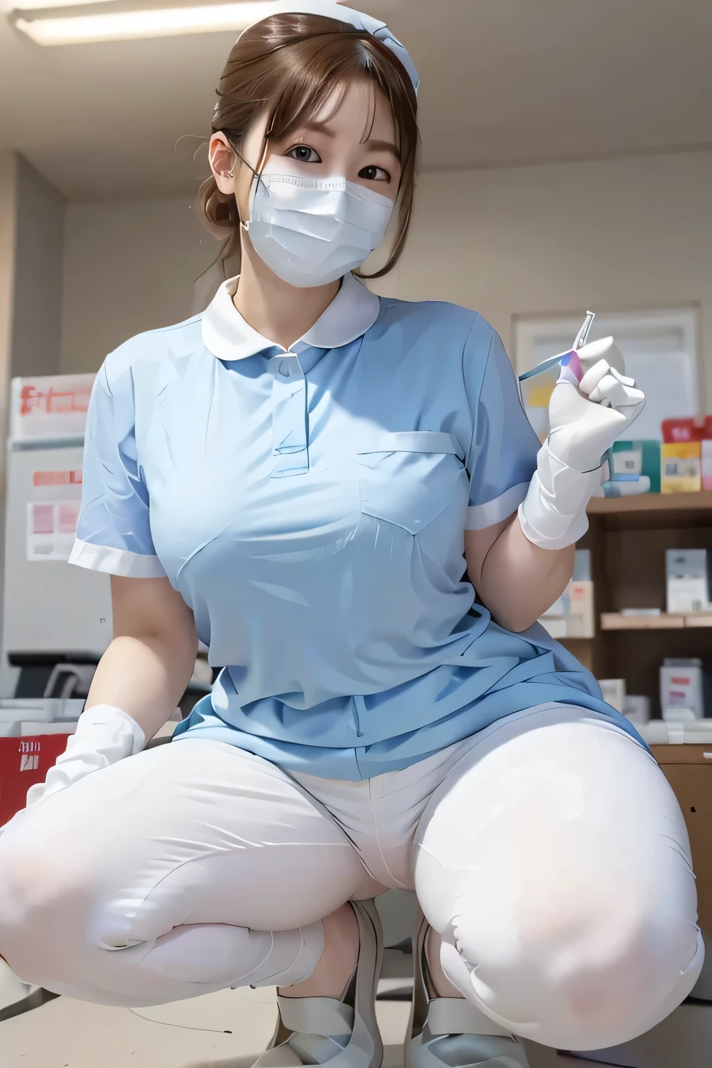 nsfw, (Ultra-realistic),(High resolutionのクローズアップ), Portrait of a girl from knee to head, Ultra-dense skin, Beautiful lighting, Awards - Winning Photos, (8k), (High resolution;1.3), (Best Illustration), (highest quality), (Super detailed), (Masterpiece), (wallpaper), (((High resolutionの目))),((Detailed eyes)),(Perfect Eyes),Symmetrical eyes, (Detailed face),((Perfect Face)), (Perfect body), (shoot from behind),(from below:1.2), (Wearing a mask and rubber gloves:1.3),(A female nurse holding a condom in her hand at the pharmacy:1.2),nurse, Perfect Japanese Nurse, ((Collared White Nurse_Short white uniform:1.3)),tight,Short sleeve:1.2, nurse,white stick pants, The genitals are wet,Pee,Peeing,((Wet tight white stick pants:1.2))), White stick pants_Transparent:1.1,See-through underwear,a panties,Perfect panty lines:1.3, (Erotic Pharmacy:1.3), ((Sexy Japanese Women,28 years old,(Chignon),168cm,Chubby,round face)):1.2,Shy face, Mansuji, Only one knee is bent, White socks and nurse shoes