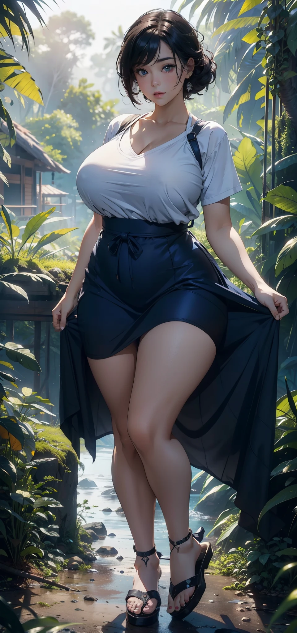 (8k, best quality, masterpiece:1.2), (realistic, photo-realistic:1.37), ultra-detailed, 1 girl,cute, solo, ,beautiful detailed blue eyes, medium wavy hair, , thick thighs, standing in the jungle, , smiling, looking at viewer, ,light brown hair, black lips, black lipstick, full body view, , whole body shot, red hat, chubby, black short dress , nsfw, choker, fishnet on legs