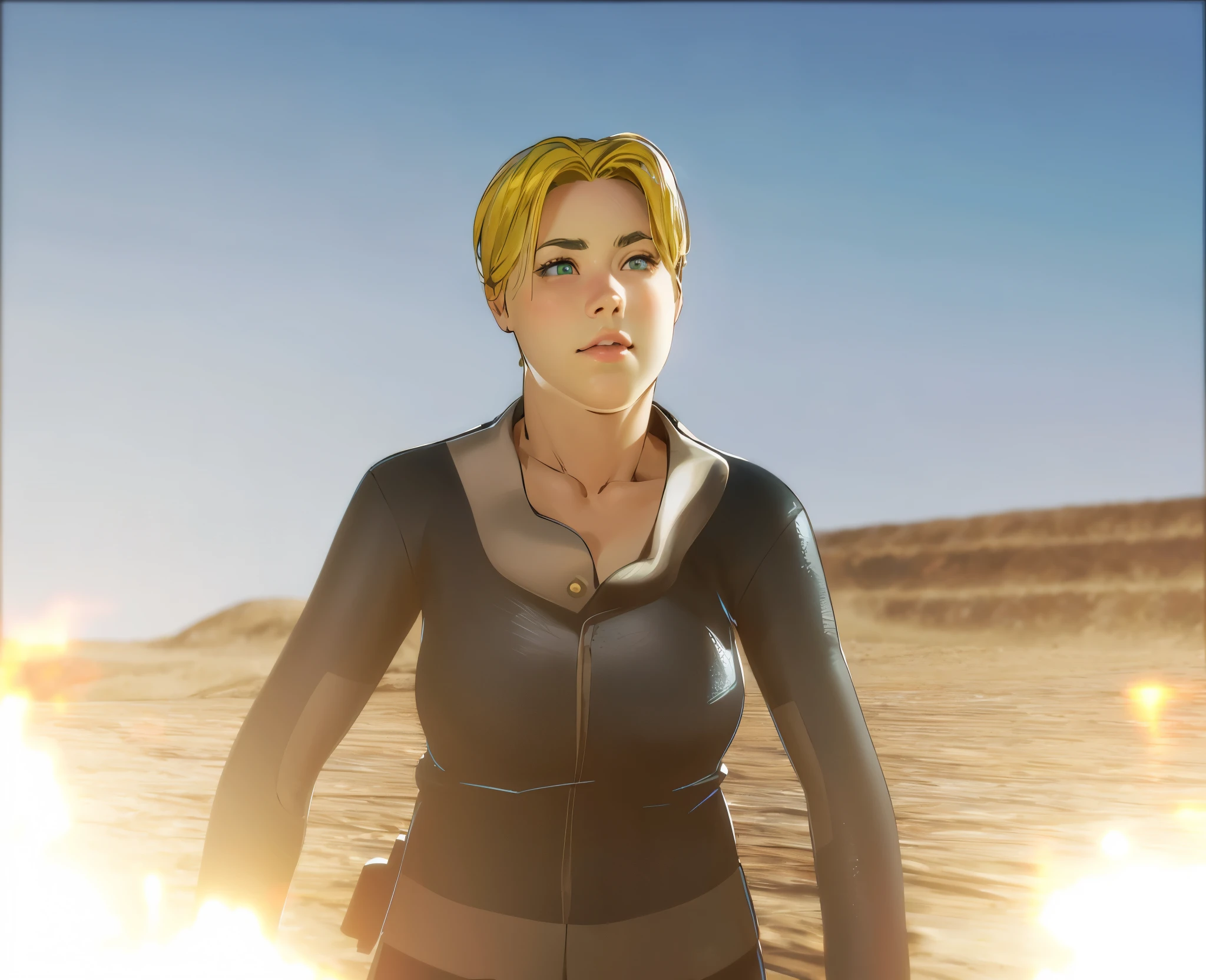 highly detailed and ultra-realistic portrait of a chubby young woman standing in a rugged, desert-like landscape. She has short, golden blonde hair. Her eyes are a vibrant green, expressive and piercing, with finely detailed eyelashes and eyebrows. She has a fair chubby complexion with subtle, natural skin texture and a slight blush on her cheeks. She is wearing a form-fitting, futuristic dark blue jumpsuit with a high collar and a front zipper, made of a textured, high-tech fabric that reflects the light subtly. 