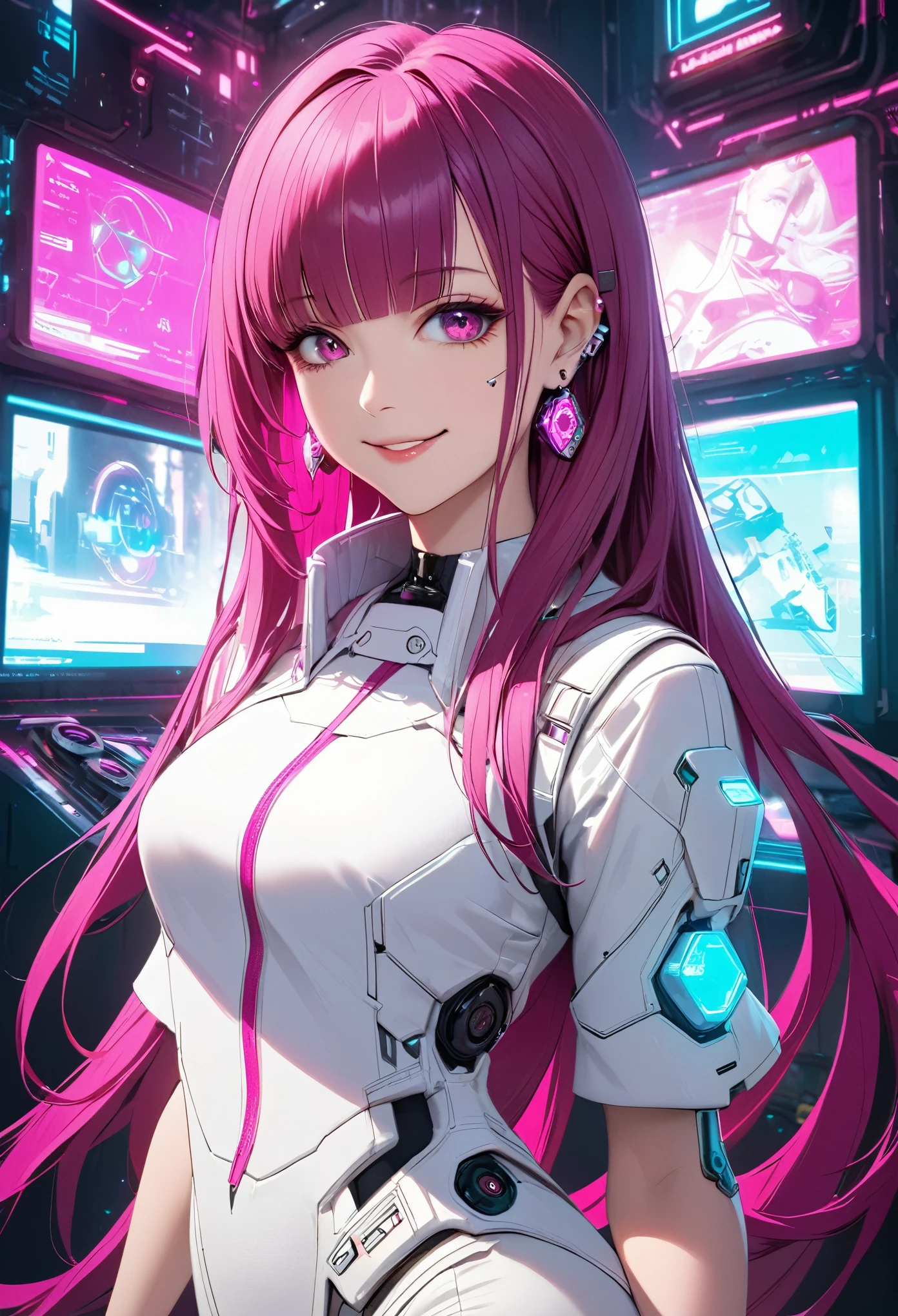 Beautiful, solo, 1 female, mature, long hair, magenta hair with bangs, hotpink eyes, white clothes, smile facial, futuristic, cyberpunk, dices, earrings