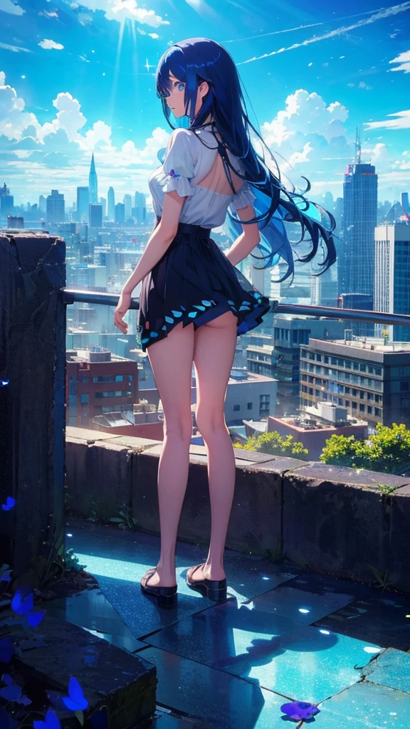 1 anime girl, alone,blue hair,Blue shining jewel eyes,Black petals flutter, A mysteriously shining butterfly.blue sky,city,Vivid blue hair,bright blue jewel eyes,thin legs,cloudy sky,sad expression,very clear,highest quality,Are standing,Straight Hair,morning,look back
