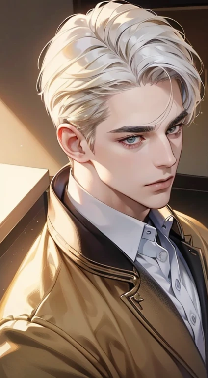 (best quality, masterpiece, 8K, photorealistic, cinematic lighting, 1:4 hdr image, top view, ultra detailed, beautiful image), a mature man, very handsome, short white hair, gold eyes, perfect face without errors , (CEO).