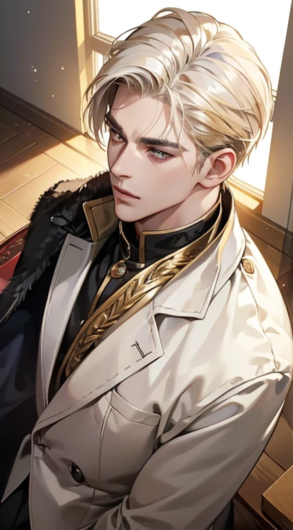 (best quality, masterpiece, 8K, photorealistic, cinematic lighting, 1:4 hdr image, top view, ultra detailed, beautiful image), a mature man, very handsome, short white hair, gold eyes, perfect face without errors , (CEO).
