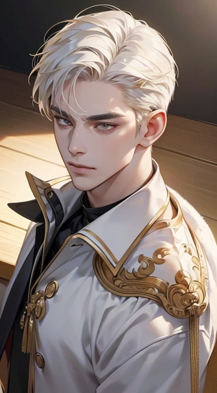 (best quality, masterpiece, 8K, photorealistic, cinematic lighting, 1:4 hdr image, top view, ultra detailed, beautiful image), a mature man, very handsome, short white hair, gold eyes, perfect face without errors , (CEO).