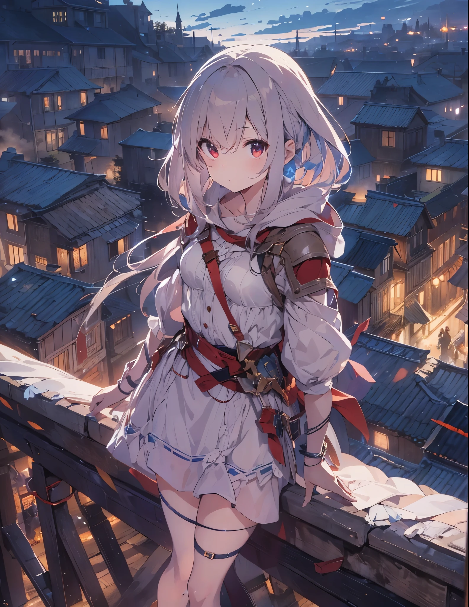 ((style:Colored pencil,pale colour))、Very detailed、(anime)、(masterpiece:1.2),atmospheric perspective,lens flare、Medieval European streets、Assassin girl standing on the roof of a building、Wearing a hood、cute、Red eyes、Your eyes shine in the moonlight、assassin girl、(Assassin's Costume)、Fantasy World、Display the girl larger