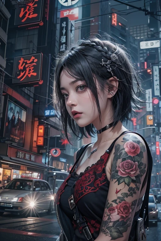 highest quality、8k、masterpiece：1.3、Gothic Punk、The inner color is red、Gray Black Hair、hair ornaments、beautiful girl、creative、Punk Shirt、Neogoth、Goth Fashion：1.2、High resolution、masterpiece、highest quality、頭w:1.3、((Hasselblad Photos))、Fine skin、Sharp focus、(Cinema Lighting)、Explore Tokyo&#39;The city at night beyond the neon lights, Forehead open, 、Petting&#39;Hair back、Shoulder Bare、Small red rose tattoo on the décolletage、Just one tattoo