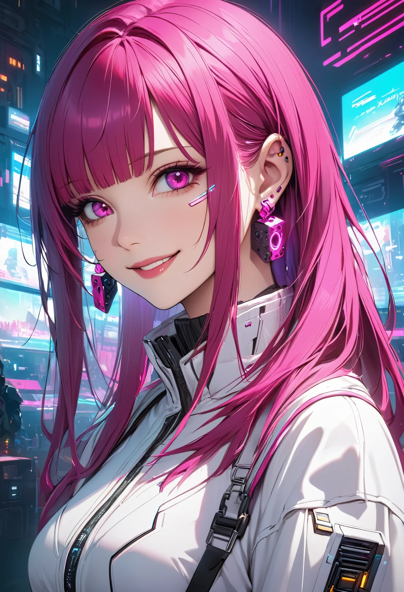 Beautiful, solo, 1 female, mature, long hair, magenta hair with bangs, hotpink eyes, white clothes, smile facial, futuristic, cyberpunk, dices, earrings