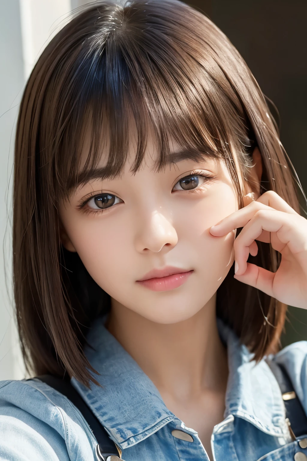 A young woman covers part of her face with her hand、She is giving a gentle look to the camera.。Her hair is straight、The bangs are cut straight、There is a highlight。Her eyes are big、Brown eyes are distinctive。

The woman&#39;s nails are painted bright yellow.、The lip color is also a warm orange shade.。Her skin is smooth and、Has a healthy glow。The woman is wearing a white blouse、The dress has a modest ruffle at the collar.。

There is a soft light in the background.、The overall atmosphere is bright and clean.。The woman's expression is calm and、Gives a relaxing feel。