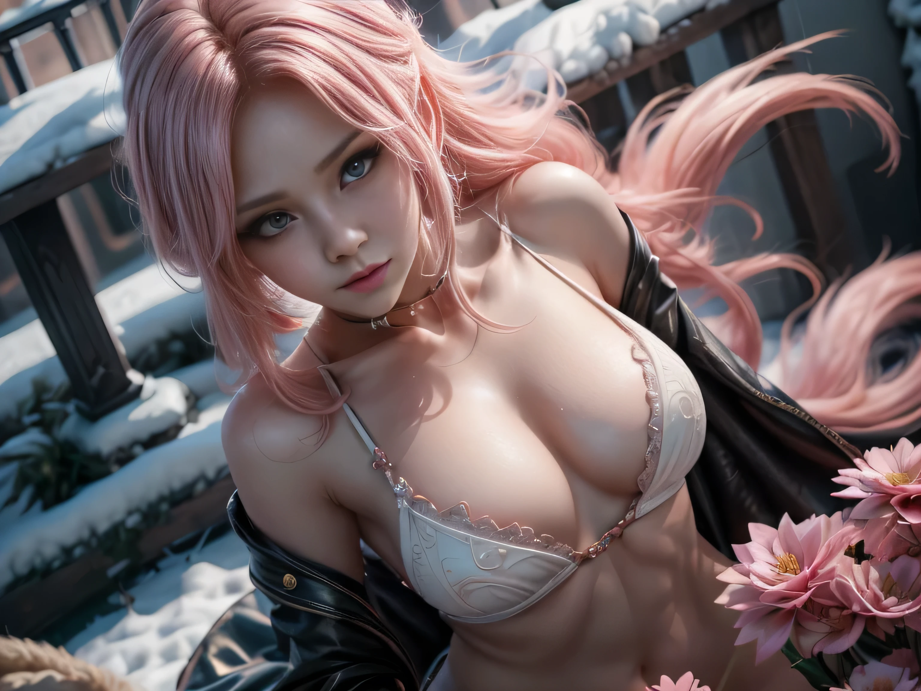 (Best Quality, 8K, Masterpiece, HDR, Soft Lighting, Picture Perfect, Realistic, Vivid), Nine tails of snow white fox(1.0), milk fox tail(1.0), nine tailed fox, anime girl with pink hair and pink, dressed in sexy leather suit, beautiful fantasy anime, very beautiful and cute fox girl, pink flower rain, background blur, anime fantasy, work in the style of Gouves, realistic:1.37, view from above, lies in pink flowers, horizontal view, (ultra high quality fantasy art), masterpiece, male model, ultra high quality female character designs, anime art with 8k development, realistic anime art, highest quality wallpaper illustrations, complex ultra high quality accurate female characters faces, high quality design and accurate physics (super-quality fantasy style)), art, dark fantasy)) Style), masterpieces, super-quality characters, anime resolution - 8K, realistic anime art, wallpapers with the highest quality illustrations, ultra-high detail of faces, high-quality design and physics accuracy), color, depth of field, shadows, ray tracing, production of high-quality computer wallpapers and 8K resolution, (Accurate simulation of the interaction of light and materials)], [High-quality detailed hair [More about beautiful and shiny red hair]], (Beautifully detailed hands [perfect fingers [Perfect nails]], (perfect anatomy (perfect proportions)))) [[Full length]], [Perfect color combination (Accurate imitation of the interaction of light and material)], [art that conveys the meaning of the story ]