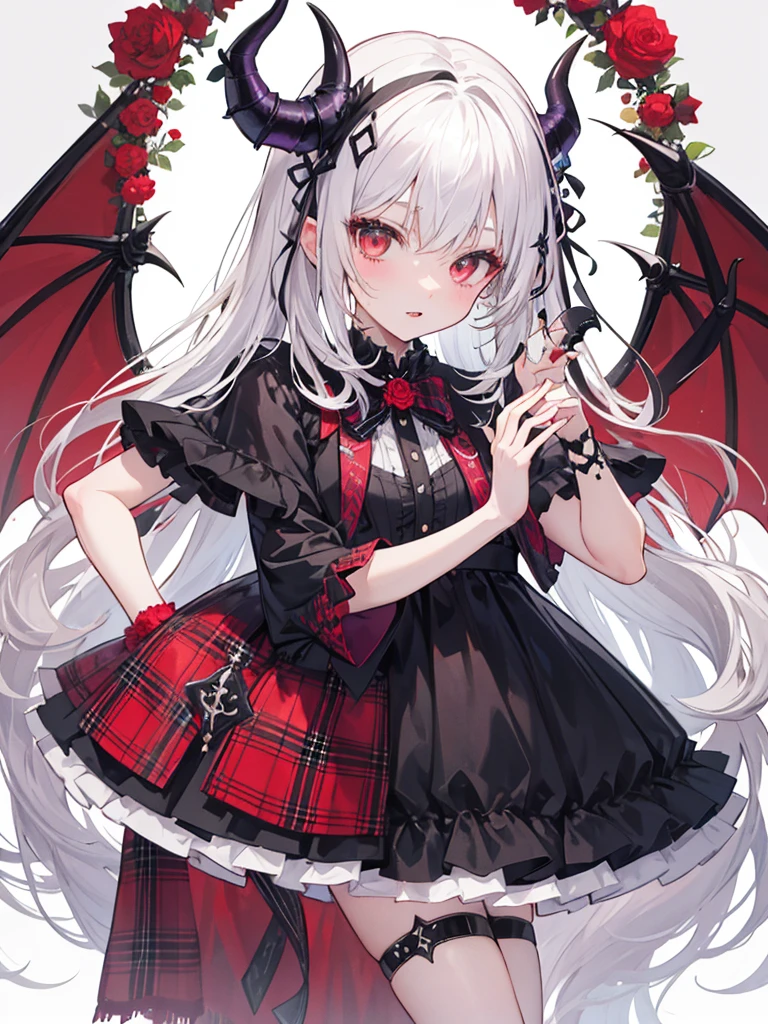 vampire, tooth, Checked dress, Super gorgeous, Very detailed, Complex hairstyles, bow, changeta fashion, changeta style, Anime Girl Cosplay, change, cute, Cute as an angel, , portrait of changeta girl, Red plaid, And 2k, Y2K, Emo Style, fringe faction, Red plaid, Mine Girl, Harajuku Style, Exaggerated clothing, Elaborate decoration, Rock Style, Gothic style, Devil horns, A vine wrapped around my hand, thorn rose,Standing in front of the viewer、