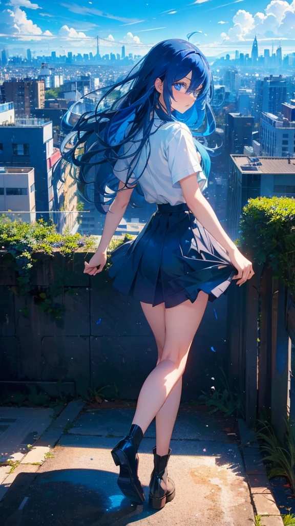 1 anime girl, alone,blue hair,Blue shining jewel eyes,Black petals flutter, A mysteriously shining butterfly.blue sky,city,Vivid blue hair,bright blue jewel eyes,thin legs,cloudy sky,sad expression,very clear,highest quality,Are standing,Straight Hair,morning,look back,Mid-length skirt