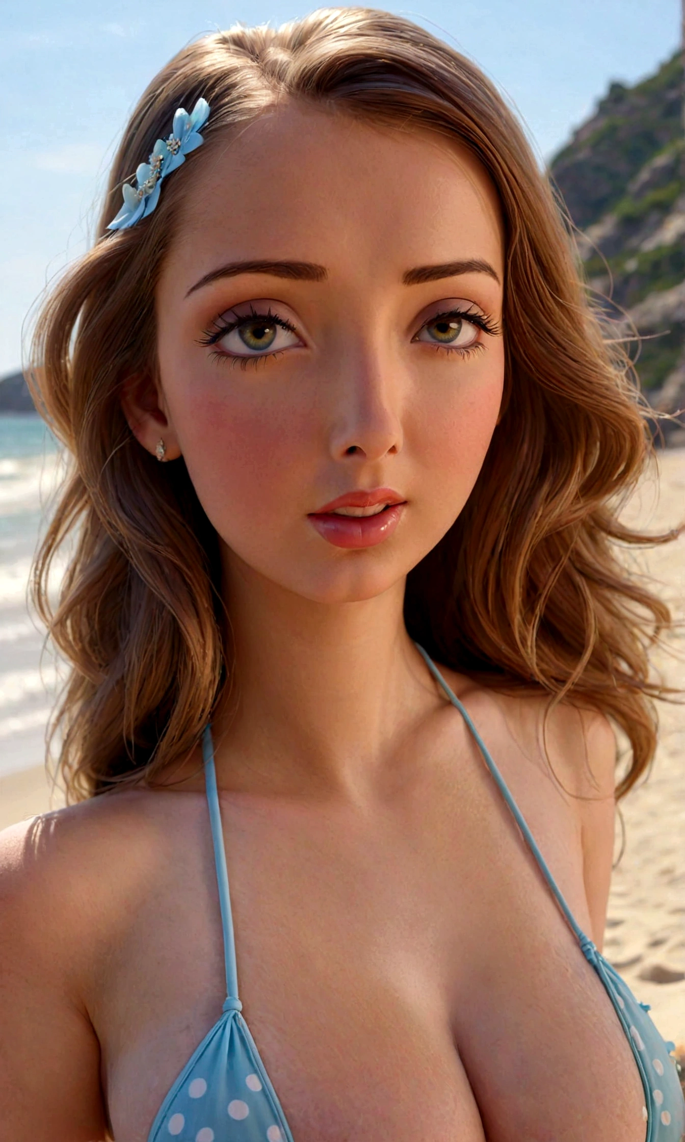 a lovely woman, polka dot string bikini, sheer silks billowing, glamorous poses, on the beach, beautiful detailed eyes, beautiful detailed lips, extremely detailed eyes and face, long eyelashes, realistic, photorealistic, photo-realistic:1.37, best quality, 8k, highres, masterpiece:1.2, ultra-detailed, HDR, UHD, studio lighting, ultra-fine painting, sharp focus, physically-based rendering, extreme detail description, professional, vivid colors, bokeh, portrait, photography, warm color tones, natural lighting ?(show her from head to toe, full body shown, show all of her)
