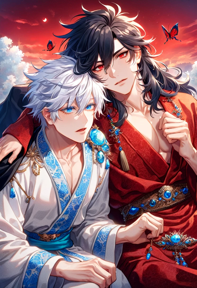 absurdres, highres, ultra detailed, HDR, master piece, best quality, extremely detailed face, delicated features, Xue Yu, untamed spiky hair, black hair, hair between the eyes, expressive red eyes, Thousand Years War, Gojou Satoru, white hair, expressive blue eyes, two sexy men sitting together, gay couple, yaoi, handsome, toned chest, black cape, red robes, white robes, accessories, patterns, red sky, red butterflies, red spider lilies, fantasy, magical, radiant moon
