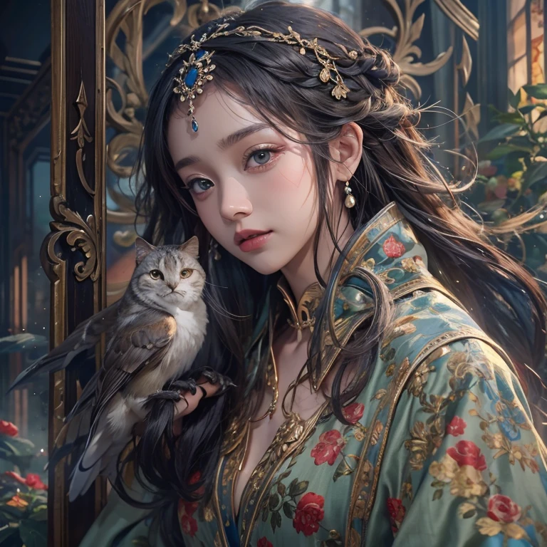 that'that'that'it's raining, c that、Hair flow、 ((highest qualthaty、masterpiece、8k、Best image qualthaty、Ultra-high resolution、Award-winning works)、(Accurate anatomy:1.1)、(Look at me and smile:1.1)、Shining fair skin wthath Ultra-high resolution、The most detailed face、Ultra-high resolution detailed face、Ultra-high resolutionの髪の毛、(Ultra-high resolutionの煌めく瞳:1.1)、Beautiful face drawn in every detail、ancient gothic costume , Chest to chest, tattoo, Next to him is a real owl