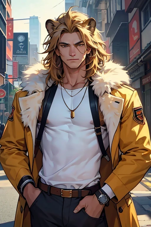 {high quality}, {detailed}, a male half-human + Lion (animal) , in a modern life on earth, dressed like a human, body covered with lion fur.