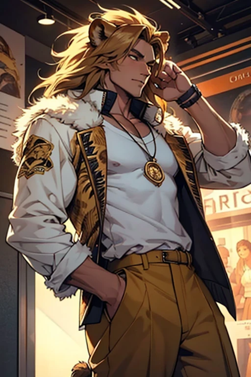 {high quality}, {detailed}, a male half-human + Lion (animal) , in a modern life on earth, dressed like a human, body covered with lion fur.
