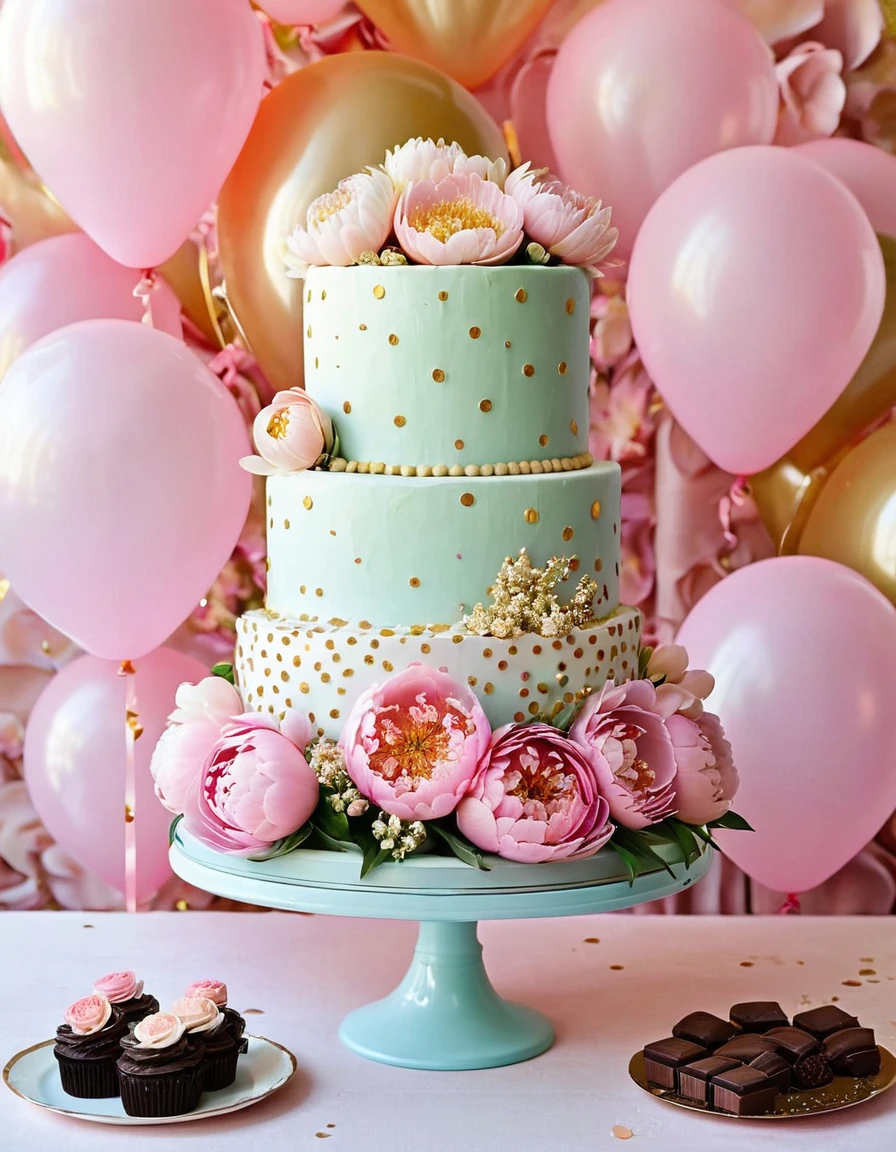 Imagine a refined celebration where a pastel-colored cake with pink flowers takes center stage. The setting includes a floral background with polka dots and peonies, complemented by confetti, sparkling lights, balloons, chocolates, champagne, and a golden ambiance.