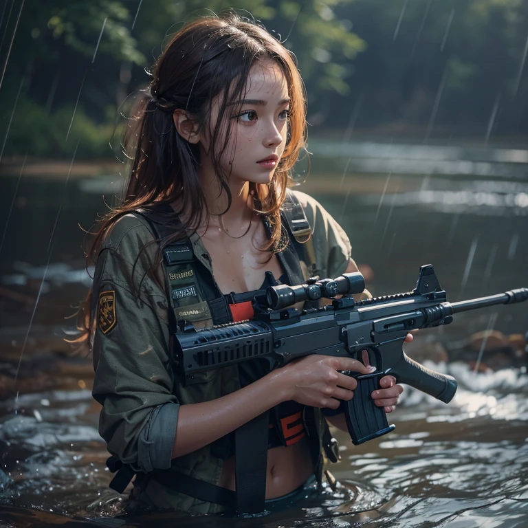 A girl with wet hair and wet skin wearing wet clothes, Realistic assault rifle in hand. Portraiture requires attention to detail, high quality, 4K or 8K resolution, Similar to Masterpiece. The skin texture should be realistic and the overall image should have a photorealistic style. The colours must be vibrant, The lighting should emphasize the wetness of the hair...., skin, And clothes.Soak waist-deep in the river