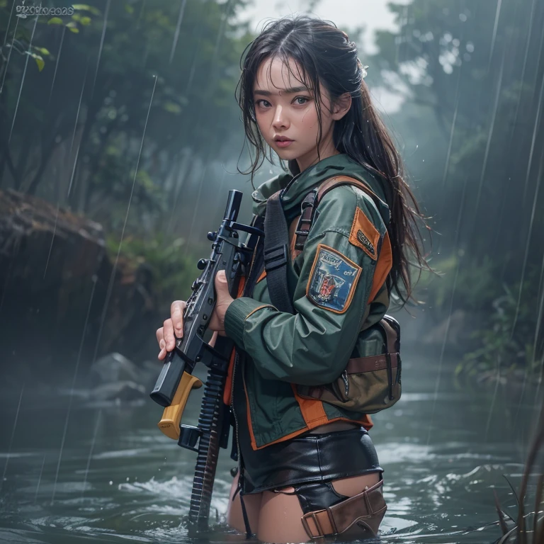 A girl with wet hair and wet skin wearing wet clothes, Realistic assault rifle in hand. Portraiture requires attention to detail, high quality, 4K or 8K resolution, Similar to Masterpiece. The skin texture should be realistic and the overall image should have a photorealistic style. The colours must be vibrant, The lighting should emphasize the wetness of the hair...., skin, And clothes.Soak waist-deep in the river