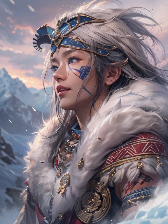 Hiding in the snowy mountains、Hair flow、 ((highest quality、masterpiece、8k、Best image quality、Ultra-high resolution、Award-winning works)、(Accurate anatomy:1.1)、(Look at me and smile:1.hining fair skin with Ultra-high resolution、The most detailed face、Ultra-high resolution detailed face、Ultra-high resolutionの髪の毛、(Ultra-high resolutionの煌めく瞳:1.1)、Beautiful face drawn in every detail、(Blurred Background:1.1)、Ancient Inuit clothing, Chest to chest, tattoo, Old ruins in the background、he'big, You have a real hawk on your shoulder..