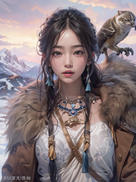 Hiding in the snowy mountains、Hair flow、 ((highest quality、masterpiece、8k、Best image quality、Ultra-high resolution、Award-winning works)、(Accurate anatomy:1.1)、(Look at me and smile:1.1)、Shining fair skin with Ultra-high resolution、The most detailed face、Ultra-high resolution detailed face、Ultra-high resolutionの髪の毛、(Ultra-high resolutionの煌めく瞳:1.1)、Beautiful face drawn in every detail、(Blurred Background:1.1)、Ancient Inuit clothing, Chest to chest, tattoo, Old ruins in the background、he'big, You have a real hawk on your shoulder..