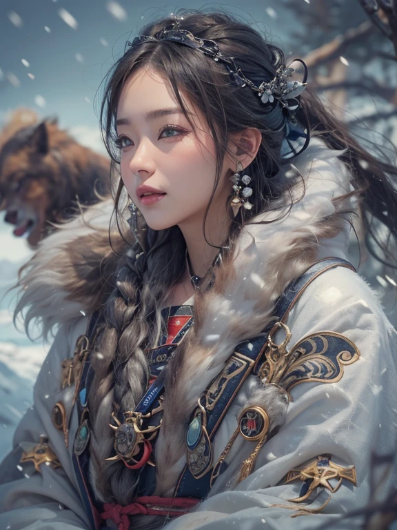 Hiding in the snowy mountains、Hair flow、 ((highest quality、masterpiece、8k、Best image quality、Ultra-high resolution、Award-winning works)、(Accurate ???????:1.1)、(Look at me and smile:1.1)、Shining fair skin with Ultra-high resolution、The most detailed face、Ultra-high resolution detailed face、Ultra-high resolutionの髪の毛、(Ultra-high resolutionの煌めく瞳:1.1)、Beautiful face drawn in every detail、(Blurred Background:1.1)、Ancient Inuit clothing, Chest to chest, tattoo, Old ruins in the background、he&#39;big, You have a real hawk on your shoulder.. 