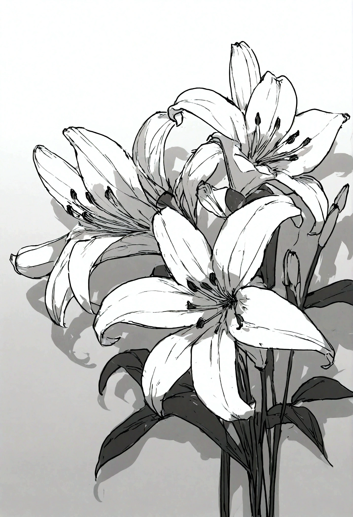 Line art、White background、Lily flower sketch、Thick black line、simple