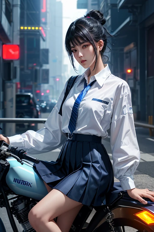 Digital Cyberpunk Art、highest quality、Ultra-high quality CG Unity 8K、Black Hair Semi-Long、Mechanics、Shiny、Wear a cyberpunk white collared button-up shirt、Wear a cyberpunk navy blue short box pleated skirt、Japanese 、Ride a big bike、Drive on the highway