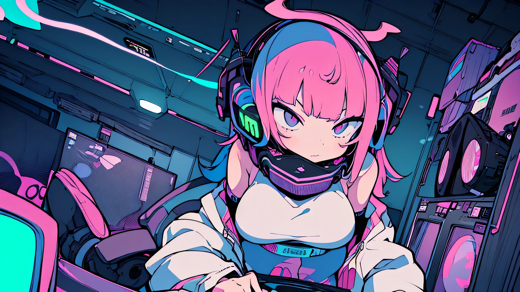 Best quality, (masterpiece:1.2), best detail face,1 girl, big breasts, 18 yo, 8k,absurdres,unity 8k wall paper,(extremely detailed:1.3), highest realistic, (retro headphones:1.1), (soft neon light:1.1), (floating hair:1.2), (psychedelic:1.2), Her room full of music equipment, Leaning back on the chair with a casual attitude, Light clothing in summer