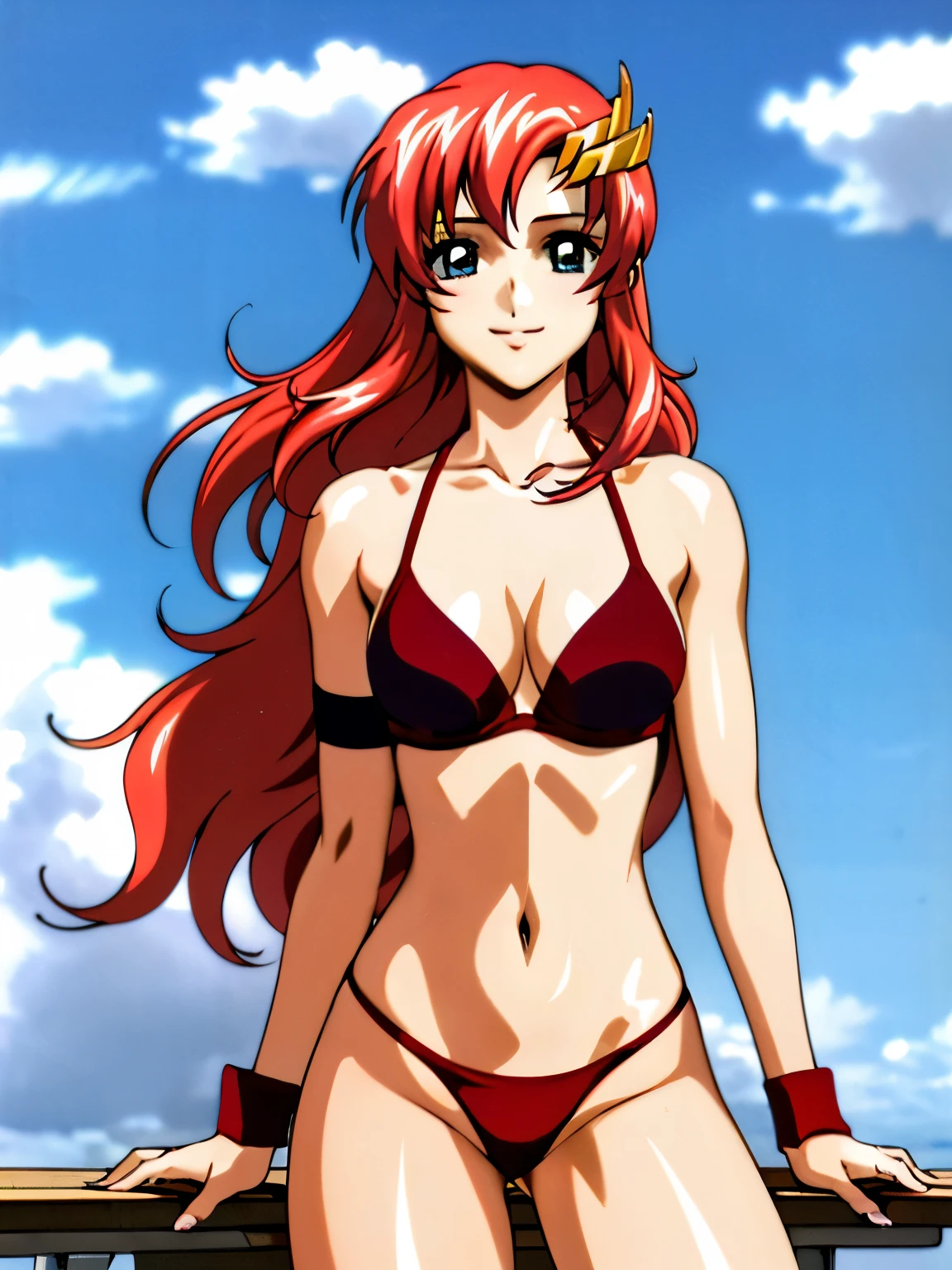 lacus4, (red bikini, running, string thong, thin girl, masterpiece, cowboy shot, very slim shoulders, 4K, Best Quality, Anime style: 1.9, happy, Adult Woman, (ultra detailed head), (Crowd, cloud background), Drawing lines, high resolution, lacus4), 1girl, Solo, curvy figure, clavicle, scapular, (Detailed wide hair bangs, Hair Ornament, Detailed reddish-pink hair, shiny streaks, slim arms, detailed golden crest), cleavage, large hands, (hair cover shoulders). (Big blue eyes, shiny eyes), ((female wrestler, (slim body), slim arms, SITTING on bench, thighs)), ((perfect proportions, medium-small breasts, medium thighs, long belly)), ((totally red bra, red arm band, red arm band)), smile with a wink, (standing, hot colors), detailed fingers, (bare shoulders)