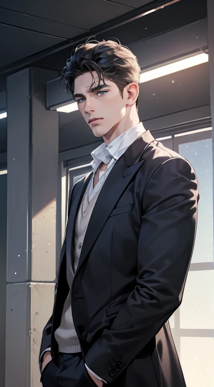 (best quality, masterpiece, 8K, photorealistic, cinematic lighting, 1:4 hdr image, ultra detailed, beautiful image), a mature man, 34 years very handsome, ((cold expression)), short black hair, blue eyes, face perfect without mistakes, ((buttoning his jacket, CEO))