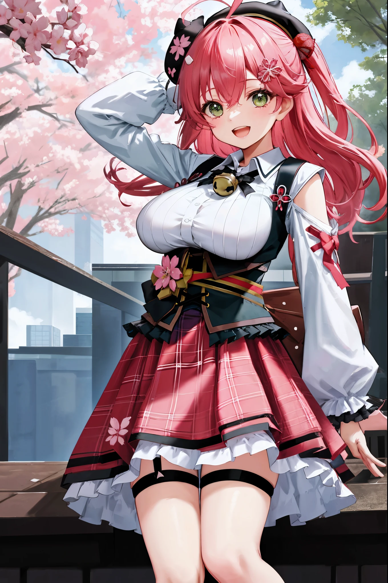 masutepiece, Best_Quality, hight_resolution, miko2,Ponytail, 1girl, young_teen,Ahoge, black headwear, Hair Ornament, White shirt, black thighhighs, Pink hair, Red_skirt, very_short_skirt, plaid skirts, garter_strap, Collared shirt, hair clips, frilld, Bangs, hair between eye, frills skirt, beret, Pleated skirt, Hair Flower, Neck bell, , puffy long sleeves, Black bow, Underbust, Cowboy Shot,Smile, (gigantic_breasts:1.3),covered_nipples, covered_pussy,green_eyes, happy, childlike_posing,spread_legs,(big_smile:1.2),plump,open_mouth,shout,half_eyes,cherryblossom_park_background,