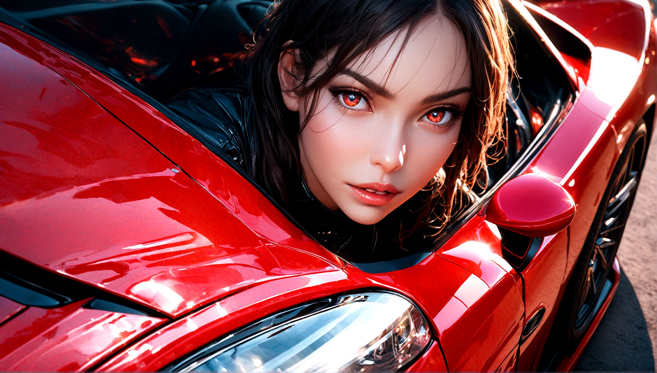 a sexy girl in tight fitting clothes with a black and red supercar, beautiful detailed eyes, beautiful detailed lips, extremely detailed eyes and face, long eyelashes, photorealistic, 8k, ultra-detailed, realistic, masterpiece, vibrant colors, dynamic lighting, glossy car paint, intricate details, dramatic composition, cinematic angle