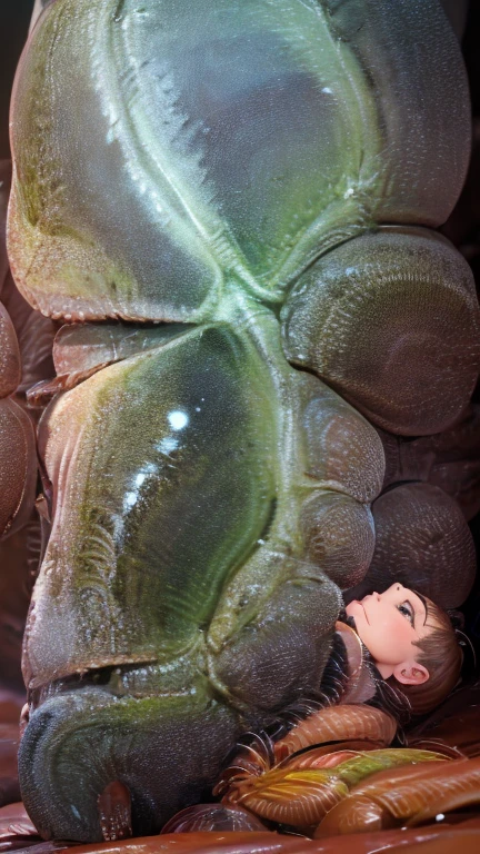 1 girl laying on the ground, restrained in a sticky and slimy cocoon, surrounded by plant life