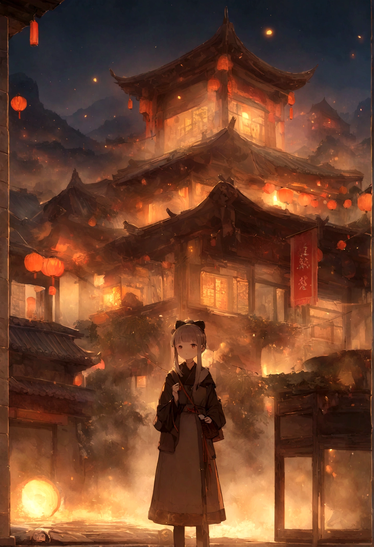 digital painting, азиатская location с домиками, location, location из игры в китайском стиле, location с китайскими фонариками, Chinese Houses, red and gold glow, игровая location, red and gold tones of the location, location в теплых, fog in the background, игровая location, cute style, Chinese game, asian game, китайский holiday, большая location, glowing effects in the background, fog in the foreground with glow effects, colorful, No characters, no characters, только location, cute style, anime style, holiday, holiday ribbons, китайский holiday, China at night, night China, colorful china