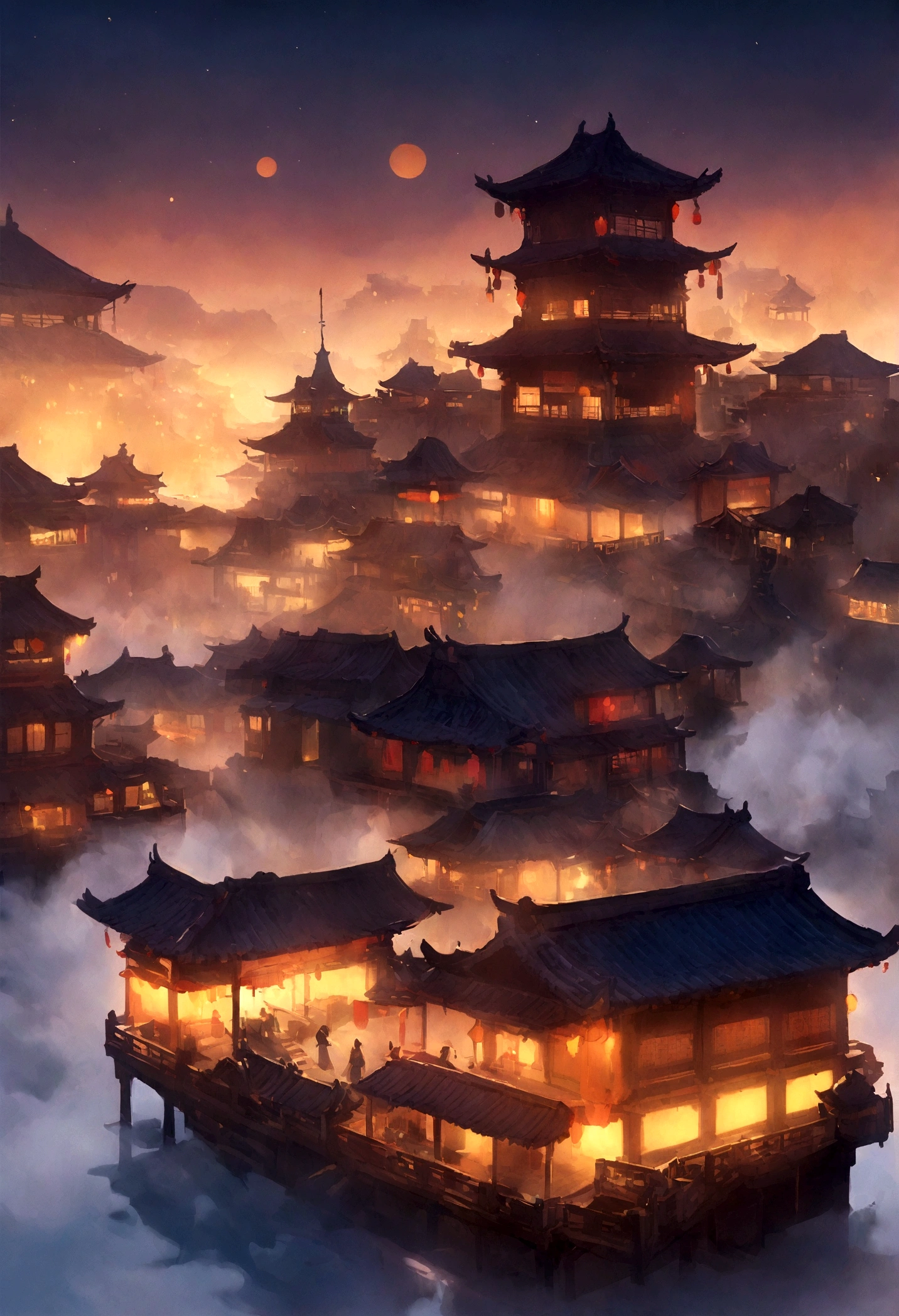 digital painting, азиатская location с домиками, location, location из игры в китайском стиле, location с китайскими фонариками, Chinese Houses, red and gold glow, игровая location, red and gold tones of the location, location в теплых, fog in the background, игровая location, cute style, Chinese game, asian game, китайский holiday, большая location, glowing effects in the background, fog in the foreground with glow effects, colorful, No characters, no characters, только location, cute style, anime style, holiday, holiday ribbons, китайский holiday, China at night, night China, colorful china