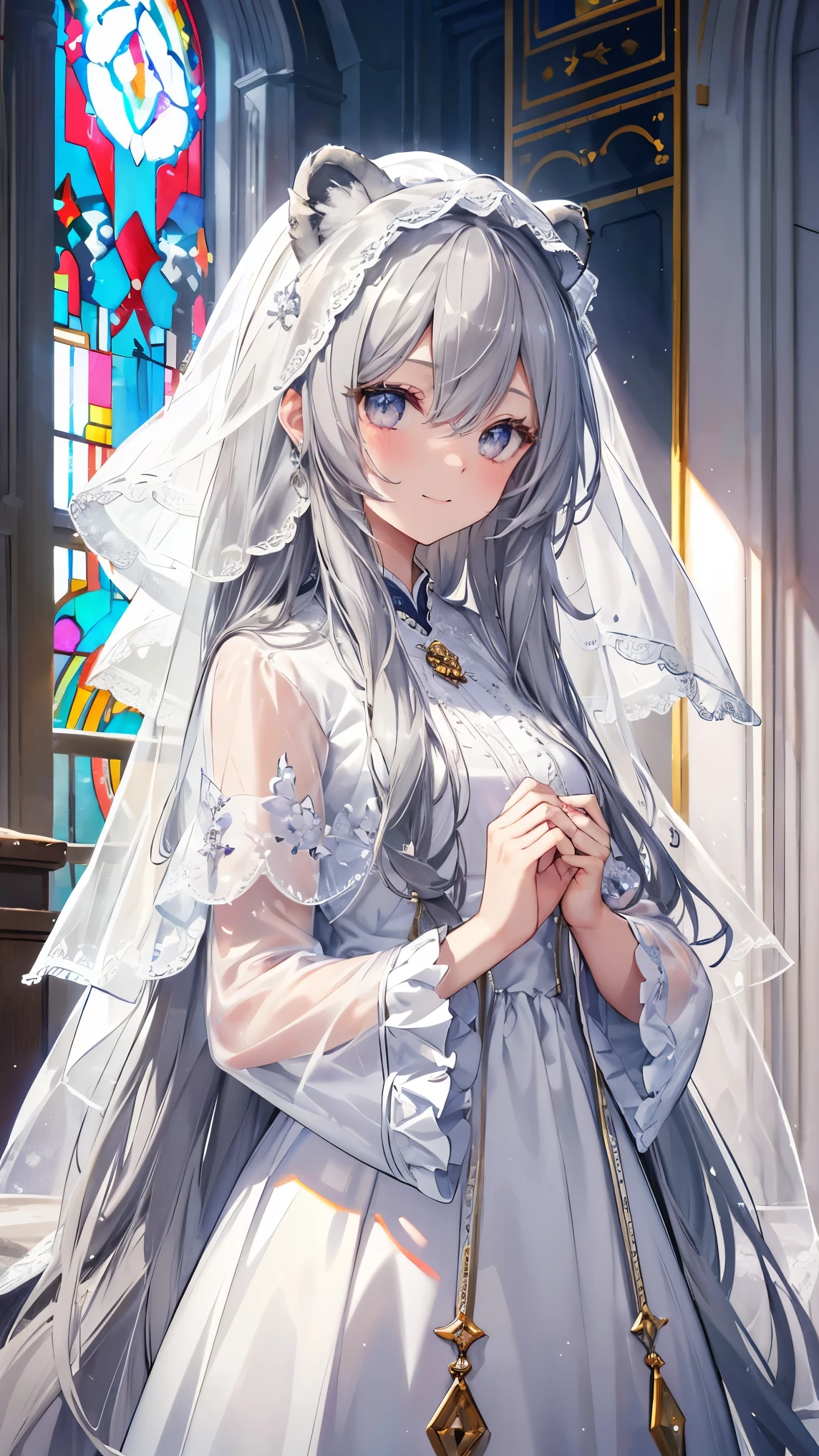 Very long hair、Gray Hair、Detailed sparkly eyes、Grey Eyes,smile、Lion ears,Embarrassing、shine、reflected light、Film Grain、masterpiece、Textured Skin、Super Detail、High Detail、high quality、最high quality、High Resolution、16k、shine、church,Veil,National clothes、race,Frills,hydrangea,Stained glass