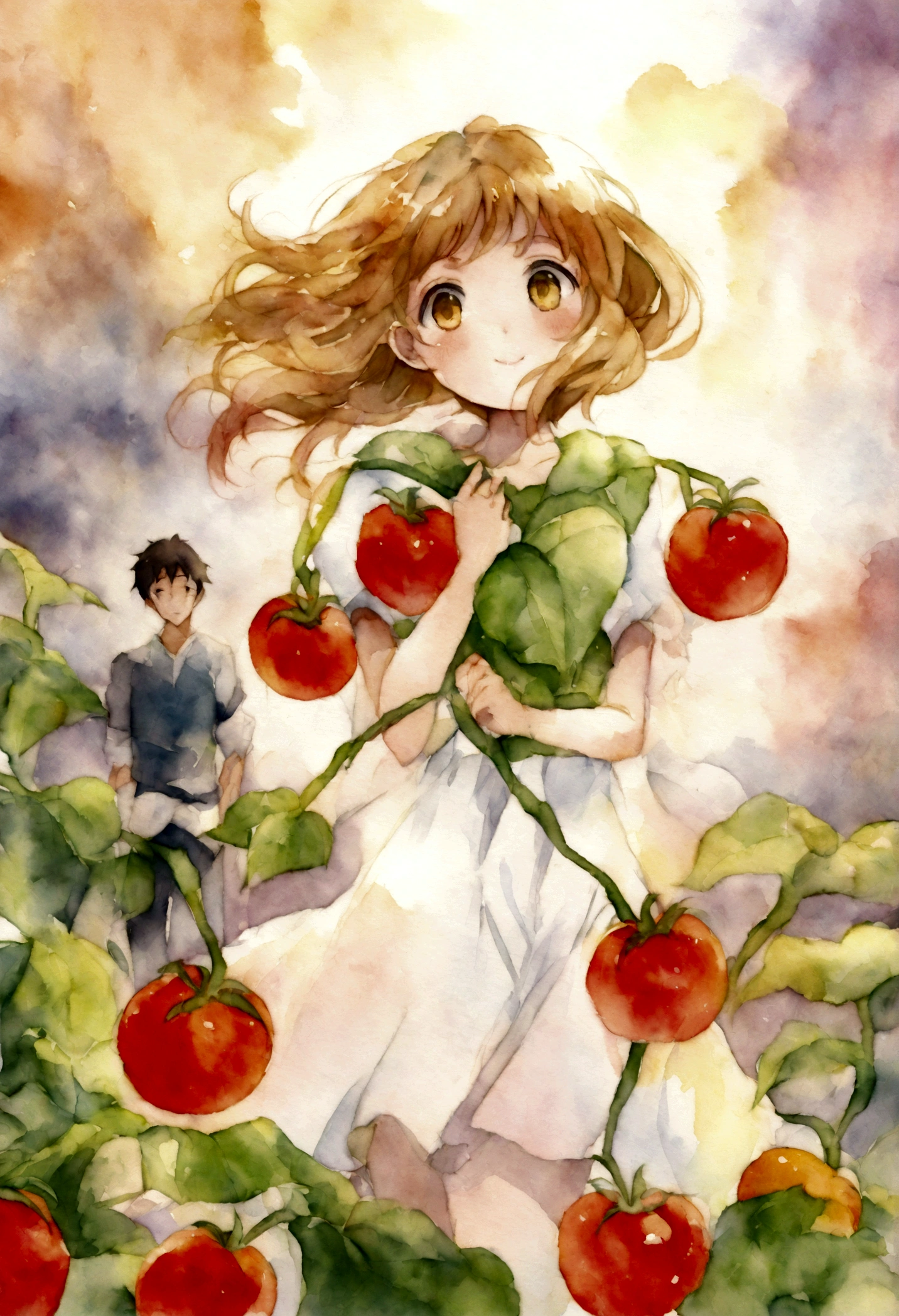 Draw a voluptuous field woman who is reaping tomatoes and next to aella a young man who is looking at her while also helps harvest draws it in anime watercolor style.