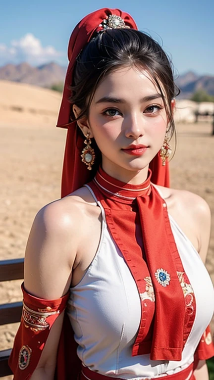 (Masterpiece, Best quality, high quality, high resolution, photoreal, Photo-realistic, extremely detailed, super detailed,8k, UHD), Generate an image of a young woman, with Beautiful natural face, beautiful clear eyes, Beautiful long black hair, big smile, fair skin, very smooth fair skin, oiled skin, (Highly detailed skin), culturally dressed Indonesian girl joyfully performing a traditional dance in a vibrant desert setting. She is topless, upper body topless, upper body dress undressed, with Beautiful big breasts, Voluptuous big breasts, Voluptuous body, Voluptuous hanging breasts, seductive hanging breasts, Seductive big breasts, and beautiful rosy nipple, Capture the essence of her expressing the beauty of her culture through dance, creating a scene that is colorful, lively, and culturally rich. Avoid any elements that may be deemed inappropriate or harmful