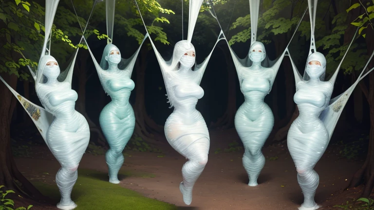 5 girls, trapped in glistening silk cocoons, suspended by spider webs mid air, swamp