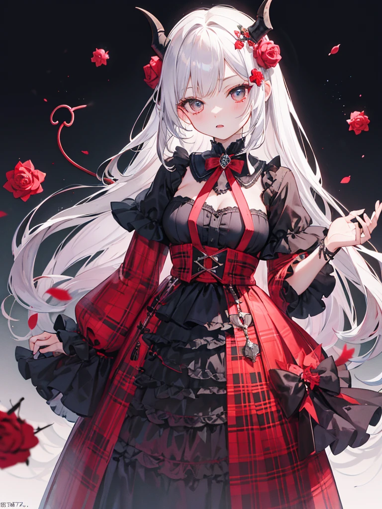 vampire, tooth, Checked dress, Super gorgeous, Very detailed, Complex hairstyles, bow, changeta fashion, changeta style, Anime Girl Cosplay, change, cute, Cute as an angel, , portrait of changeta girl, Red plaid, And 2k, Y2K, Emo Style, fringe faction, Red plaid, Mine Girl, Harajuku Style, Exaggerated clothing, Elaborate decoration, Rock Style, Gothic style, Devil horns, A vine wrapped around my hand, thorn rose,Standing in front of the viewer、Character Design、Full-body portrait、