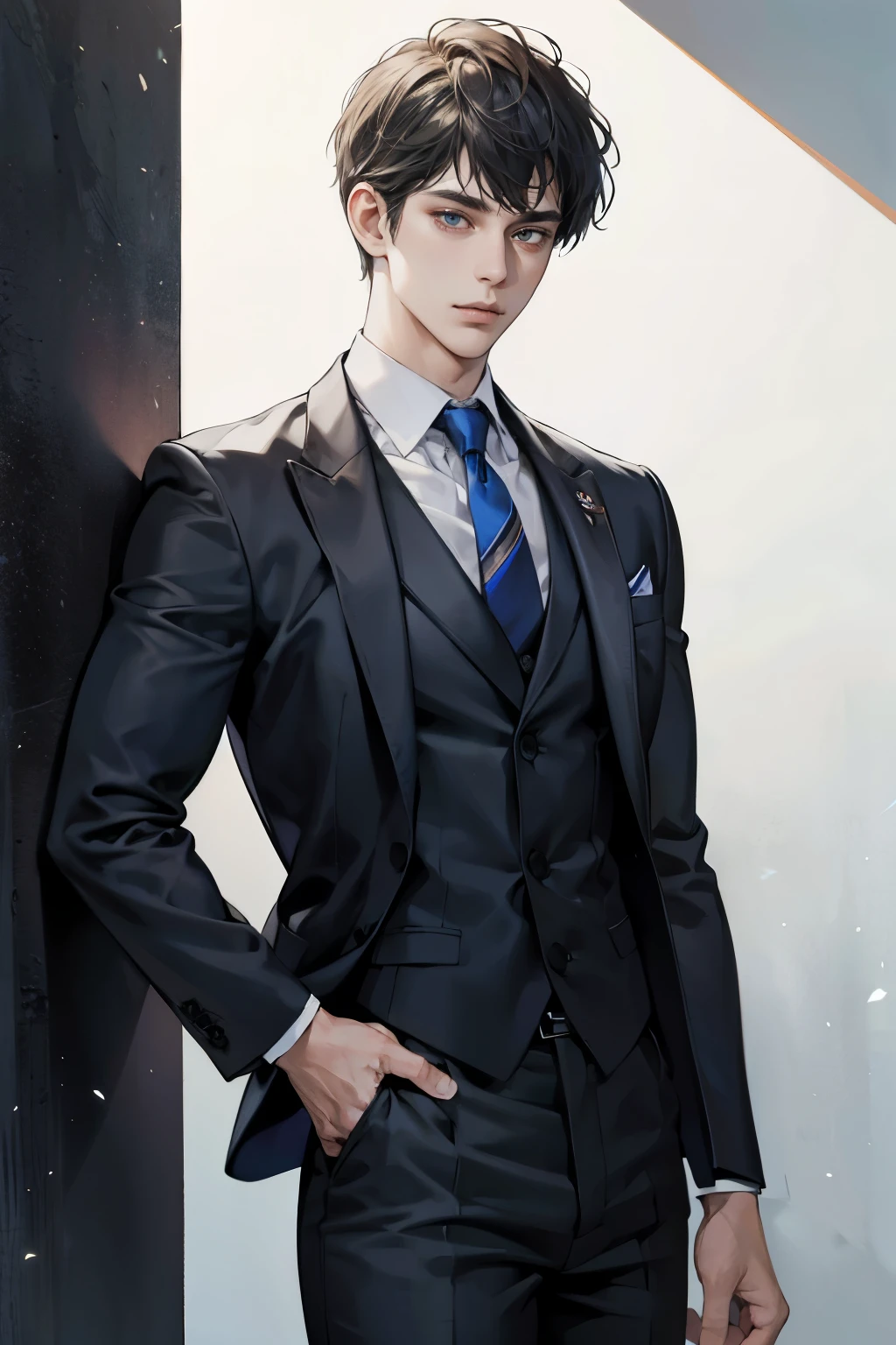 absurdres, highres, ultra detailed, masterpiece, best quality, 1male, portrait, Three-piece suit, short hair, tie,