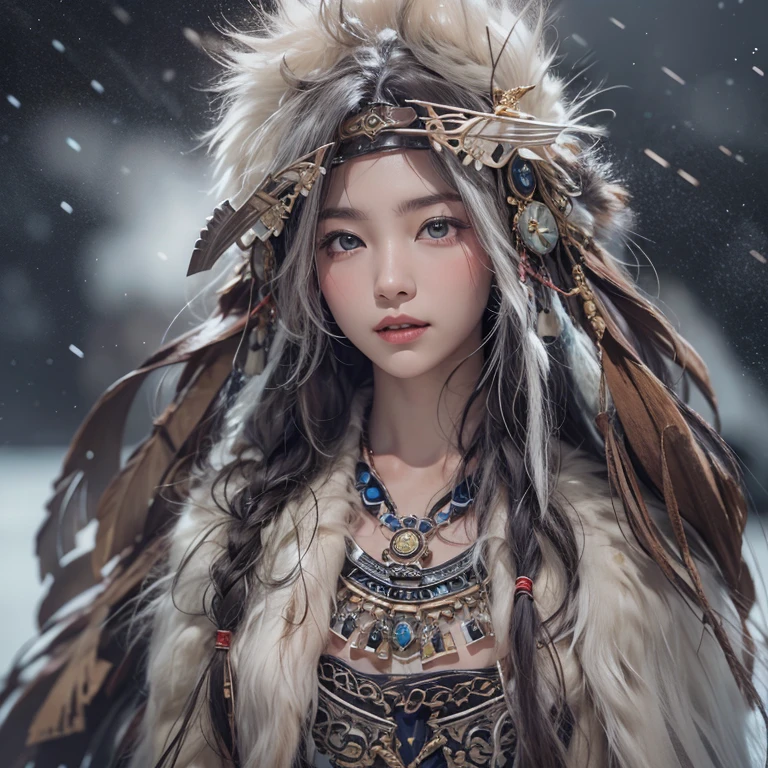Hiding in the snowy mountains、Hair flow、 ((highest quality、masterpiece、8k、Best image quality、Ultra-high resolution、Award-winning works)、(Accurate anatomy:1.1)、(Look at me and smile:1.1)、Shining fair skin with Ultra-high resolution、The most detailed face、Ultra-high resolution detailed face、Ultra-high resolutionの髪の毛、(Ultra-high resolutionの煌めく瞳:1.1)、Beautiful face drawn in every detail、(Blurred Background:1.1)、Ancient Inuit clothing, Chest to chest, tattoo, Old ruins in the background、Apart from the real giant eagle