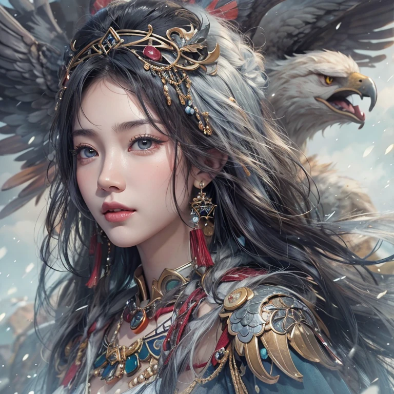Hiding in the snowy mountains、Hair flow、 ((highest quality、masterpiece、8k、Best image quality、Ultra-high resolution、Award-winning works)、(Accurate anatomy:1.1)、(Look at me and smile:1.1)、Shining fair skin with Ultra-high resolution、The most detailed face、Ultra-high resolution detailed face、Ultra-high resolutionの髪の毛、(Ultra-high resolutionの煌めく瞳:1.1)、Beautiful face drawn in every detail、(Blurred Background:1.1)、Ancient Inuit clothing, Chest to chest, tattoo, Old ruins in the background、Apart from the real giant eagle