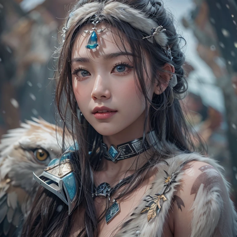 Hiding in the snowy mountains、Hair flow、 ((highest quality、masterpiece、8k、Best image quality、Ultra-high resolution、Award-winning works)、(Accurate anatomy:1.1)、(Look at me and smile:1.1)、Shining fair skin with Ultra-high resolution、The most detailed face、Ultra-high resolution detailed face、Ultra-high resolutionの髪の毛、(Ultra-high resolutionの煌めく瞳:1.1)、Beautiful face drawn in every detail、(Blurred Background:1.1)、Ancient Inuit clothing, Chest to chest, tattoo, Old ruins in the background、Apart from the real giant eagle
