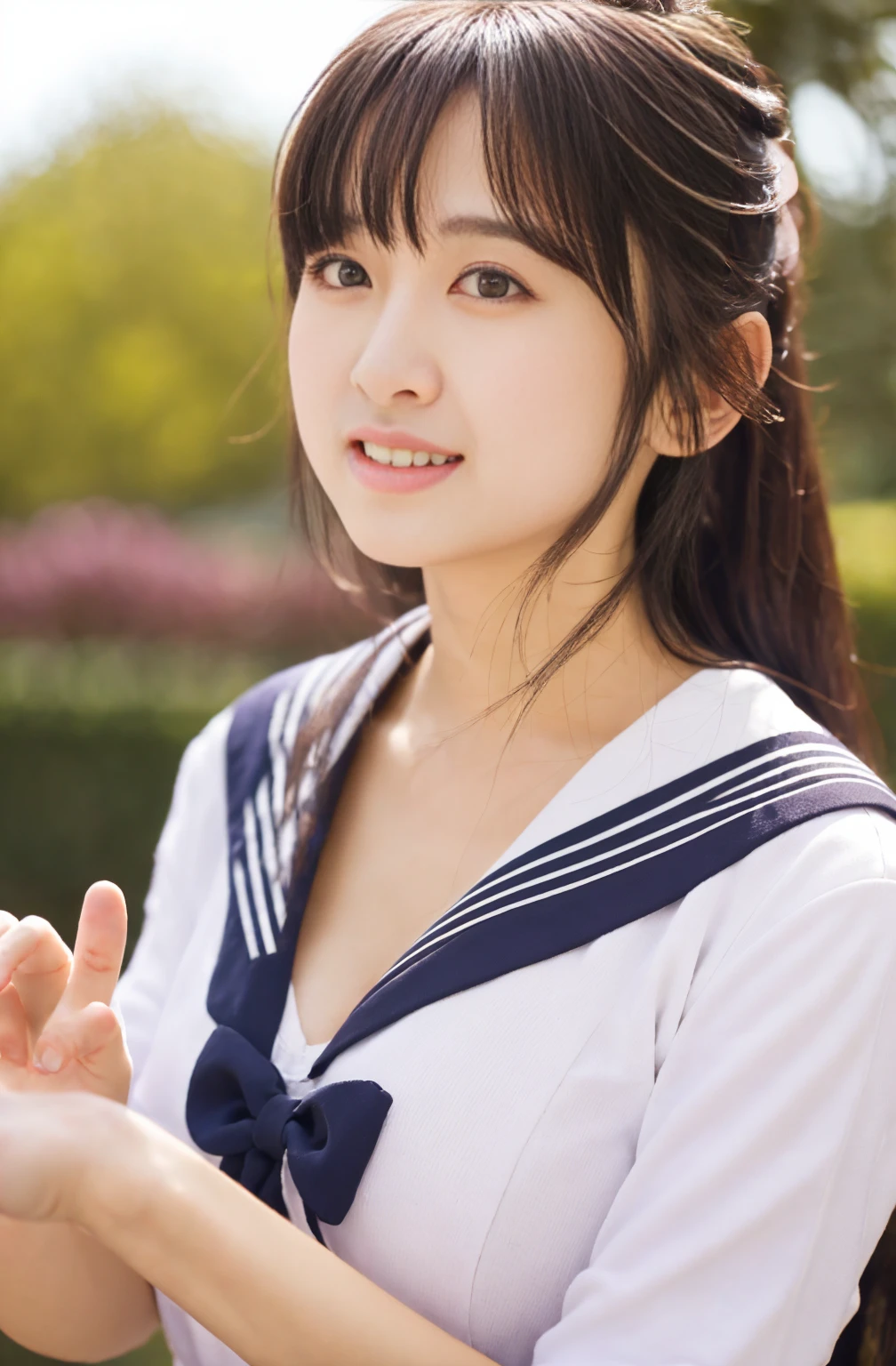 highest quality、shape、Very detailed、High resolution、Perfect dynamic composition、beautifully、Perfect hair with attention to detail、Natural color lip, smile、20-year-old girl、cute、(highest quality:1.3)、(masterpiece:1.3)、(The Very detailed:1.3)、(One Girl:1.1)、(Detailed hands and fingers:1.2)、Very detailedな光沢のある肌:1.1、smile、ponytail、University garden、The weather is good、Sailor suit、Pleated mini skirt、Big Breasts、Focus on cleavage、(Are standing:1.2)、bangs、Wet and shiny eyes、Looking into the camera、Looking up、Pull your chin in、Small butt、The whole body is visible、