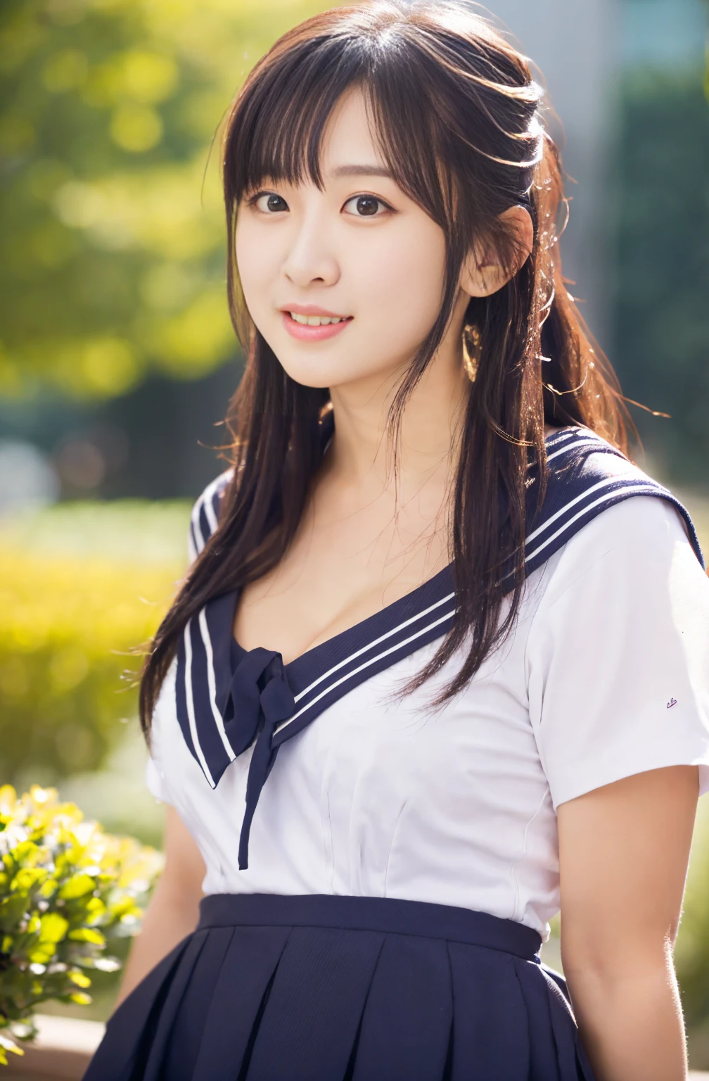 highest quality、shape、Very detailed、High resolution、Perfect dynamic composition、beautifully、Perfect hair with attention to detail、Natural color lip, smile、20-year-old girl、cute、(highest quality:1.3)、(masterpiece:1.3)、(The Very detailed:1.3)、(One Girl:1.1)、(Detailed hands and fingers:1.2)、Very detailedな光沢のある肌:1.1、smile、ponytail、University garden、The weather is good、Sailor suit、Pleated mini skirt、Big Breasts、Focus on cleavage、(Are standing:1.2)、bangs、Wet and shiny eyes、Looking into the camera、Looking up、Pull your chin in、Small butt、The whole body is visible、