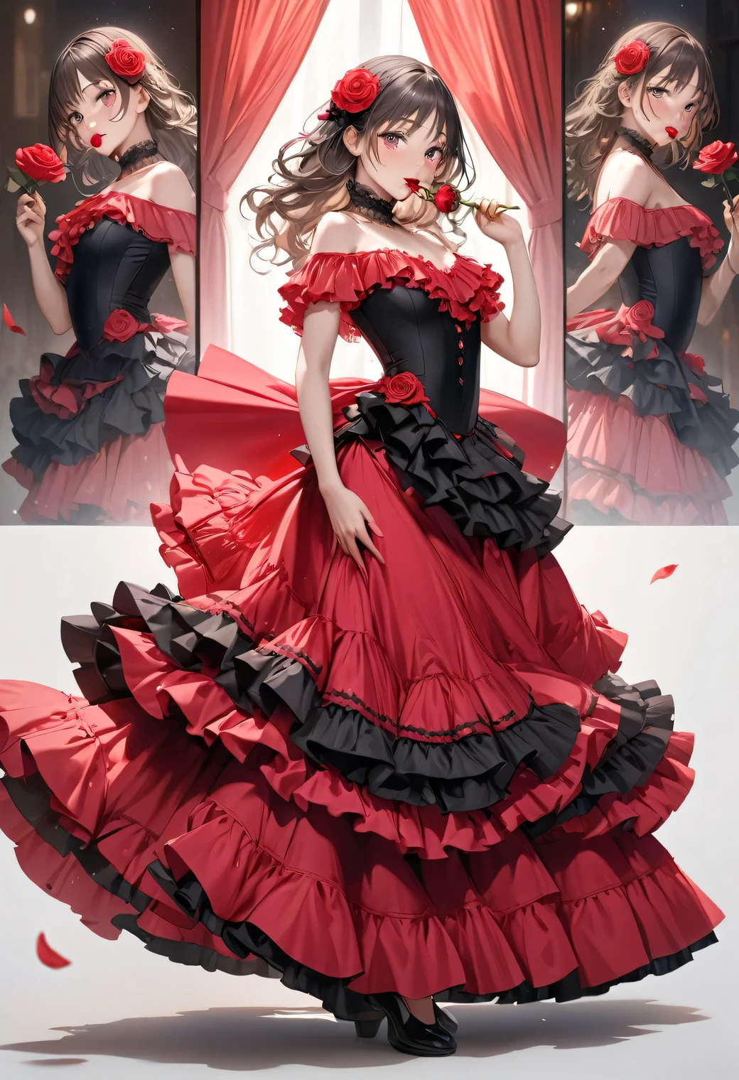 multiple exposure, masterpiece:1.2, highest quality, highres, 16k, beautiful detailed, ultra-realistic, photo realistic:1.37, beautiful and cute girl, (Girl holding a rose stem in her mouth:1.3), (Girl dancing flamenco), (Girl wearing flamenco costume), growing glay eyes, shining pupils, blushed cheek, shiny rosy lips, beautiful delicate(hair, face, eyes, pupils, (flamenco costume), ), full-body view