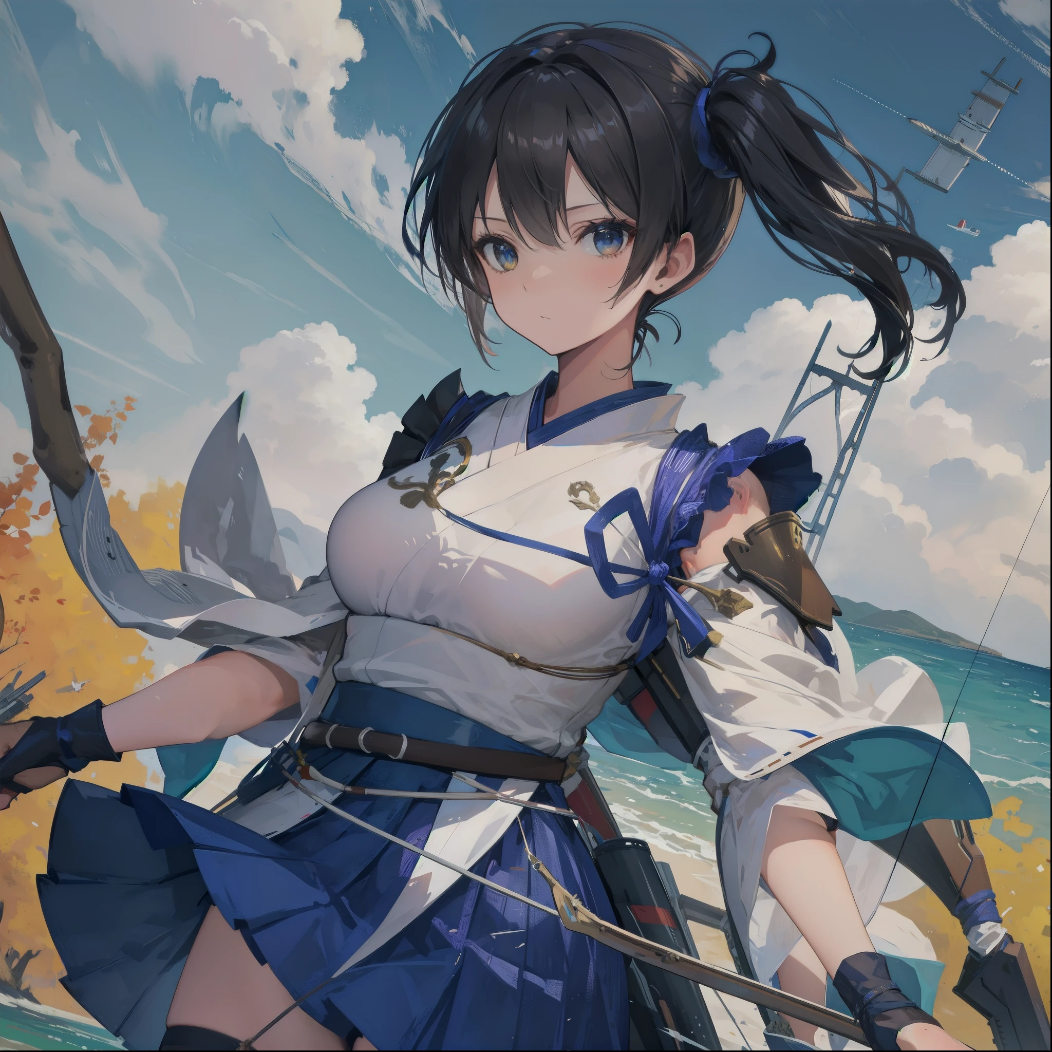 Kaga(Fleet Collection),highest quality, masterpiece, High resolution,kimono,blue skirt,side ponytail,big_breasts,solo,Japanese_bow&arrow,dynamic_posing,